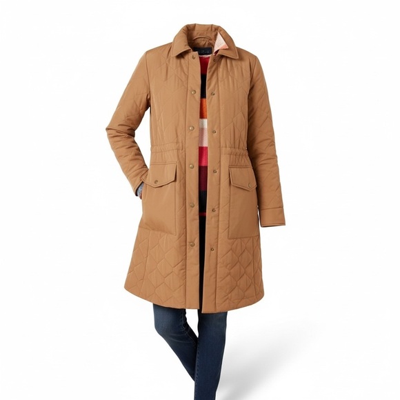 Talbots Tan Quilted Snap Button Cinch Waist Midi-Length Coat Size Large Petite - Picture 3 of 14